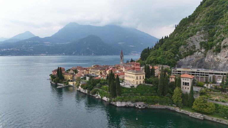 Drone view of Lake Como and a villa on its shores