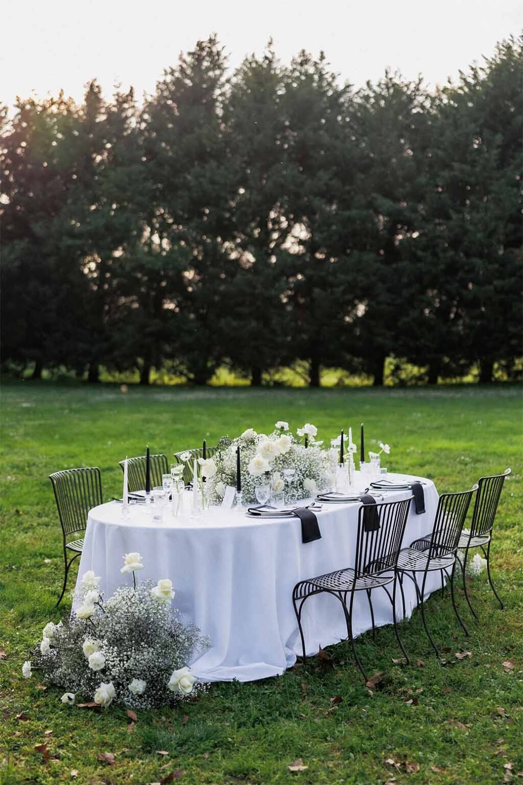 Table with decorations on the background of the garden