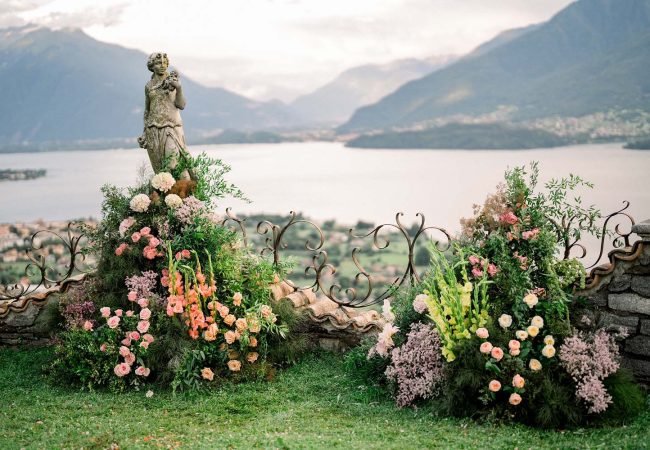The floral decorations used in the workshop, with Lake Como and mountains in the background